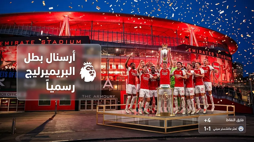 أرسنال بطلاً للدوري الإنجليزي 2026 رسمياً بعد غياب 22 عاماً وتعثر مانشستر سيتي أمام بورنموث
