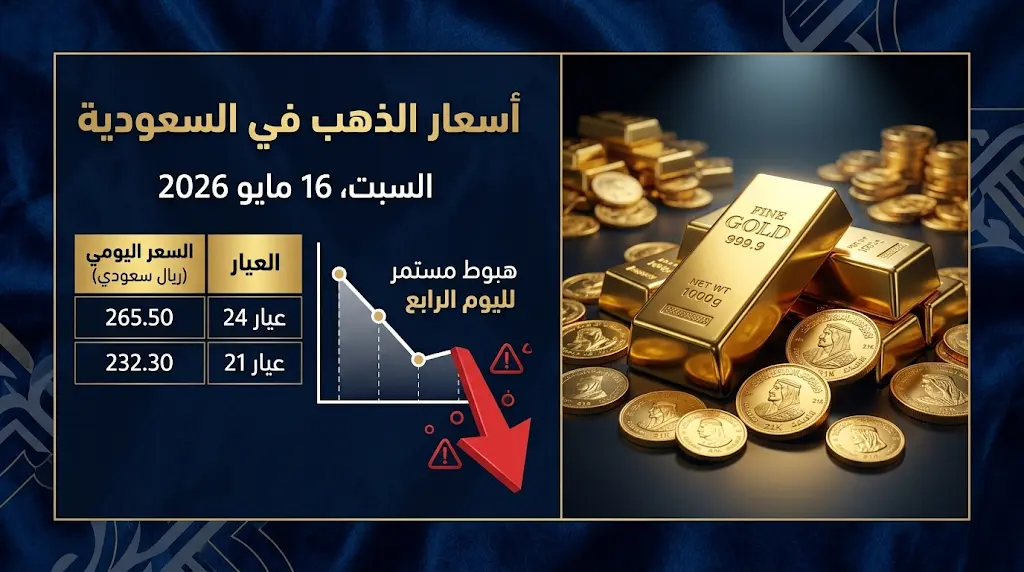 أسعار الذهب في السعودية اليوم السبت 16-05-2026: عيار 21 يسجل هبوطاً جديداً وأسعار السبائك الآن