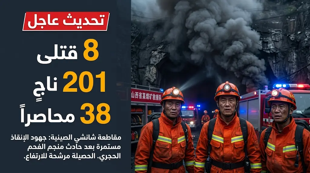ارتفاع حصيلة ضحايا انفجار منجم شانشي في الصين إلى 8 قتلى واستمرار البحث عن 38 عاملاً محاصراً