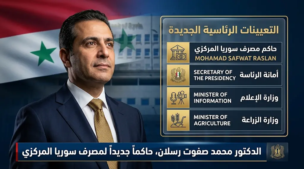 الرئيس السوري أحمد الشرع يعين محمد صفوت رسلان حاكماً لمصرف سوريا المركزي ضمن حزمة تغييرات واسعة