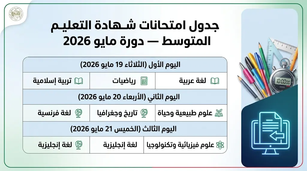 انطلاق امتحانات شهادة التعليم المتوسط 2026 في الجزائر غداً الثلاثاء: إليكم الجدول الزمني الكامل