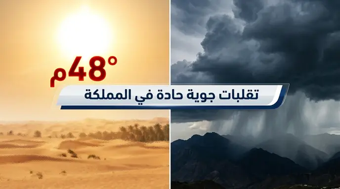 تباين حاد في طقس السعودية اليوم بين موجة حر لاهبة تلامس 48 مئوية وسحب رعدية ممطرة تضرب المرتفعات الجبلية