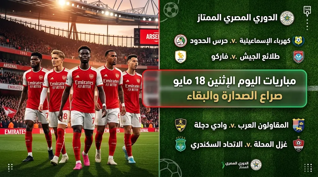 جدول مباريات اليوم الإثنين 18 مايو 2026 والقنوات الناقلة (الدوري المصري والإنجليزي)