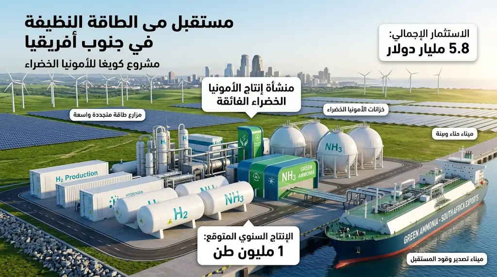 جنوب أفريقيا تطلق مشروع هايف هيدروجين باستثمارات 5.8 مليار دولار لإنتاج مليون طن من الأمونيا الخضراء سنوياً