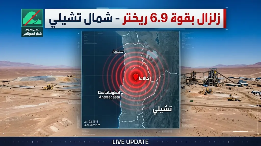 زلزال بقوة 6.9 درجة يضرب شمال تشيلي اليوم 26 مايو والعمق يمنع وقوع كارثة