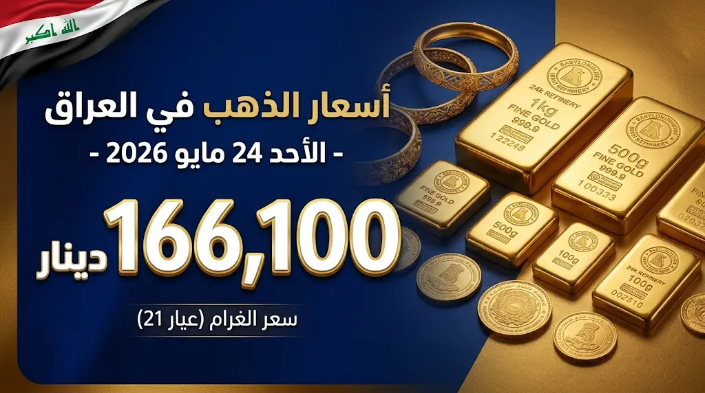سعر الذهب اليوم في العراق الأحد 24-5-2026: جدول الأسعار لجميع العيارات والأونصة والجنيه الذهب