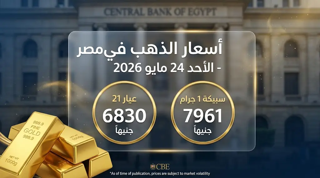 سعر الذهب اليوم في مصر الأحد 24-5-2026 وقائمة أسعار السبائك وعيار 21 الآن