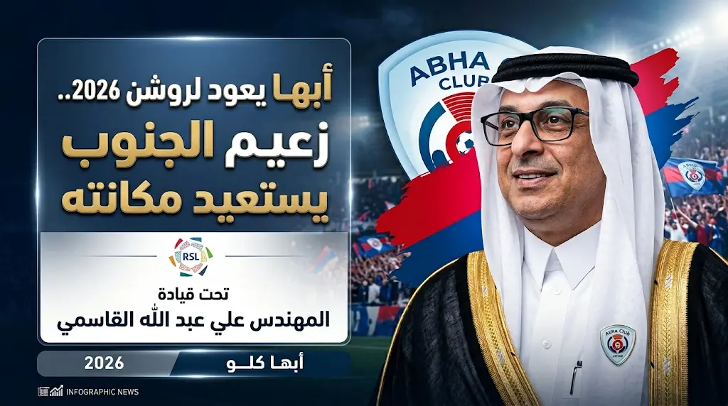 نادي أبها يعود رسمياً إلى دوري روشن السعودي 2026 والقاسمي يكشف ملامح الخطة الاستراتيجية
