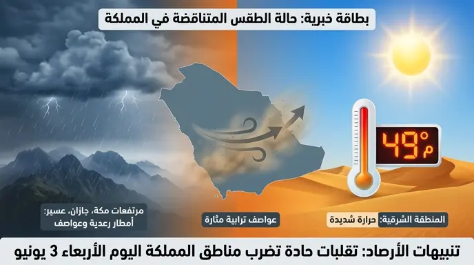 الأرصاد السعودية تحذر من طقس الأربعاء: الحرارة تلامس 49 مئوية بالشرقية وسحب رعدية ممطرة على مكة وجازان وعسير