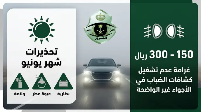 المرور السعودي يحدد حالات استخدام أنوار الضباب والعالي ويحذر من مخاطر حرارة الصيف