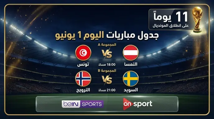 جدول القنوات الناقلة لمباريات اليوم الاثنين 1 يونيو 2026 والمواعيد الكاملة