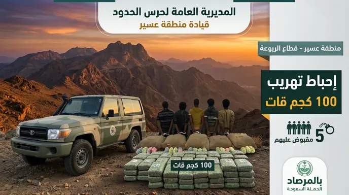 حرس الحدود في عسير يطيح بـ 5 مهربين بحوزتهم 100 كيلوجرام من القات ضمن حملة بالمرصاد
