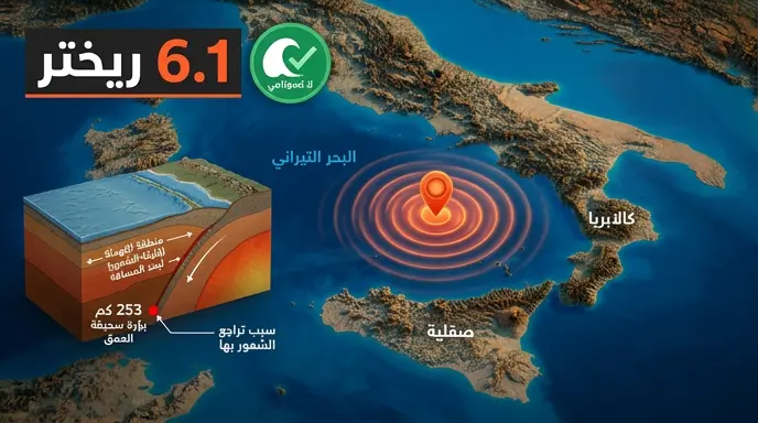 زلزال بقوة 6.1 درجة يضرب قبالة سواحل جنوب إيطاليا اليوم الثلاثاء دون وقوع إصابات