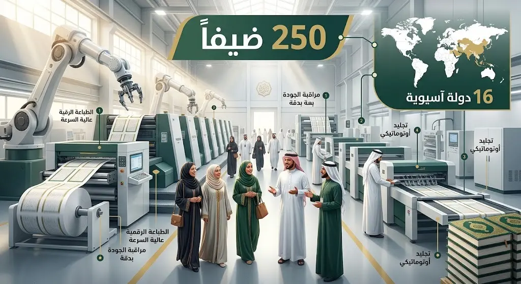 إنفوجرافيك يوضح إحصائيات ضيوف خادم الحرمين الشريفين من الدول الآسيوية داخل مجمع طباعة المصحف.