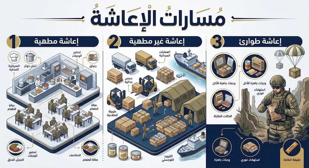 إنفوجرافيك يوضح المسارات الثلاثة لخدمات الإعاشة العسكرية: المطهية، غير المطهية، وإعاشة الطوارئ.