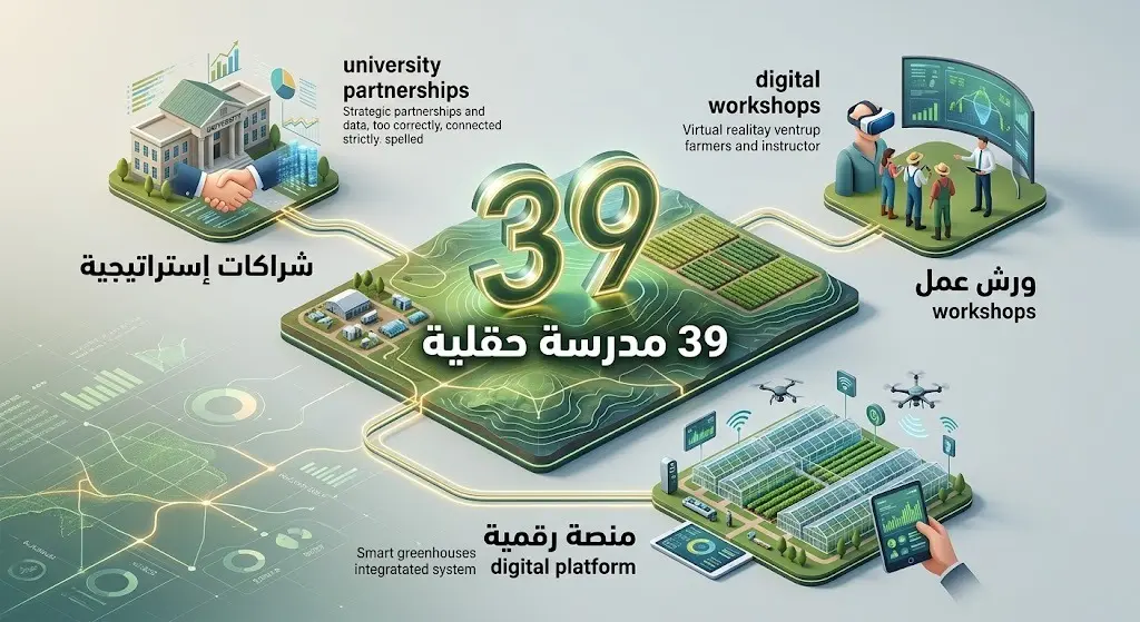 إنفوجرافيك احترافي ثلاثي الأبعاد يستعرض هيكلة إنشاء 39 مدرسة حقلية رقمية وارتباطها بالشراكات الإستراتيجية وورش العمل.