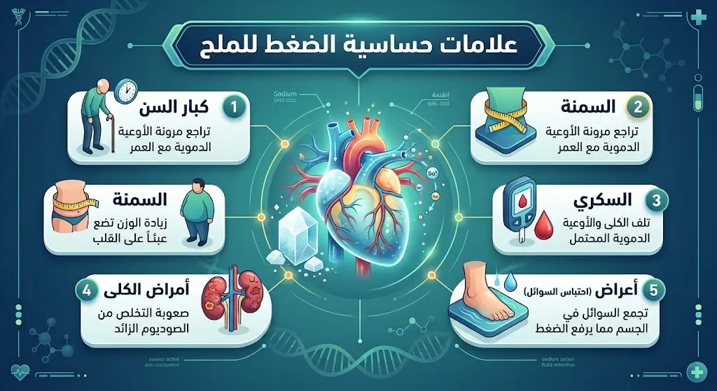 إنفوجرافيك طبي يوضح 5 علامات وفئات تشير إلى حساسية ضغط الدم للملح، تشمل كبار السن، السمنة، السكري، أمراض الكلى، واحتباس السوائل.