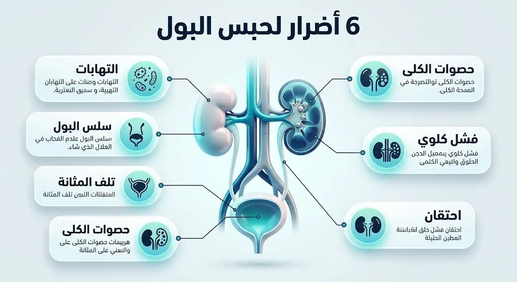إنفوجرافيك طبي مفصل يستعرض 6 مضاعفات صحية خطيرة لعادة حبس البول، تشمل التهابات المسالك وتلف المثانة وحصوات الكلى.