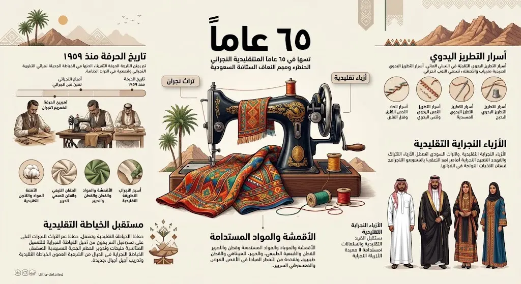 إنفوجرافيك تعبيري يجسد مسيرة الخياط ابن سروان الممتدة لأكثر من 65 عاماً في حياكة الأزياء النجرانية وتطوير النقشات التراثية.