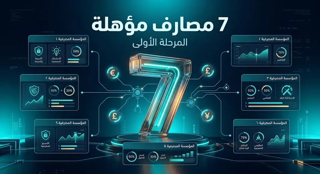 تصميم فني يبرز الرقم 7 محاطاً برموز لعملات أجنبية متنوعة وشبكات مالية رقمية.