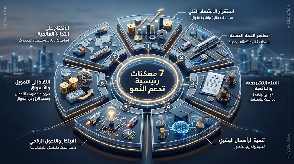 إنفوجرافيك ذو طابع مؤسسي حديث يستعرض الممكنات السبعة الأساسية لنمو الأسواق الخاصة في المملكة.