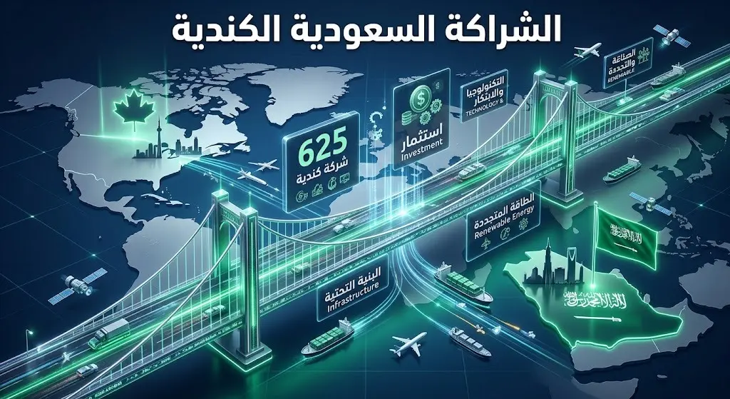 إنفوجرافيك إبداعي يستعرض آفاق الشراكة الاستراتيجية والاستثمارية بين السعودية وكندا، مبرزاً تواجد أكثر من 625 شركة كندية في المملكة.