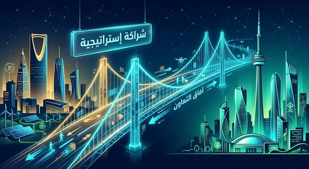 رسم تعبيري يجسد جسور التعاون والشراكة الإستراتيجية المستقبلية المتبادلة بين الأسواق السعودية والكندية.