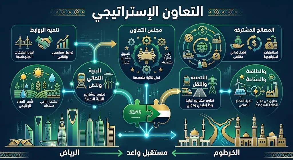 إنفوجرافيك احترافي يوضح مسارات التعاون الإستراتيجي والمصالح المشتركة بين المملكة العربية السعودية والسودان