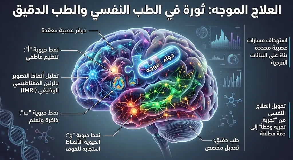 تصميم تخيلي لدماغ بشري يبرز مناطق النشاط العصبي المختلفة مع أدوية موجهة، مما يعكس مفهوم الطب النفسي الدقيق والعلاجات المخصصة لكل مريض.