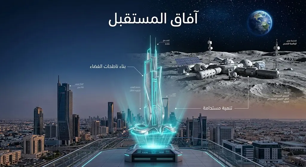 تصميم خيالي مستقبلي يربط بين ناطحات السحاب العملاقة على الأرض وطموحات البناء المعماري على القمر.