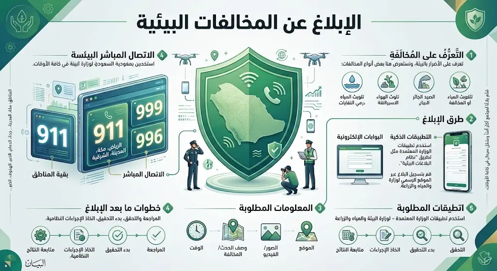 إنفوجرافيك إرشادي يوضح أرقام الطوارئ المخصصة للإبلاغ عن المخالفات البيئية في مختلف مناطق المملكة العربية السعودية.