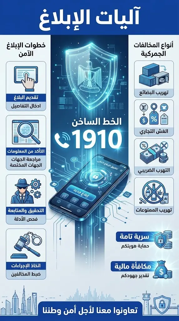 تصميم مرئي يستعرض آليات الإبلاغ عن جرائم التهريب عبر الرقم الموحد 1910 والبريد الإلكتروني، مع التأكيد على السرية التامة.