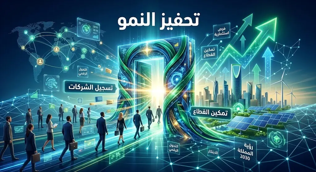 تصميم تخيلي يوضح منصة إلكترونية للقطاع الخاص مع أسهم صعودية تعبر عن تحفيز النمو الاقتصادي، يتضمن نصوصاً عربية واضحة.