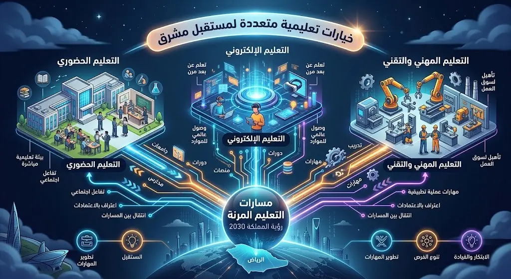 إنفوجرافيك يوضح مسارات التعليم المرنة والخيارات الأكاديمية والمهنية وتكامل التعليم الحضوري والإلكتروني.