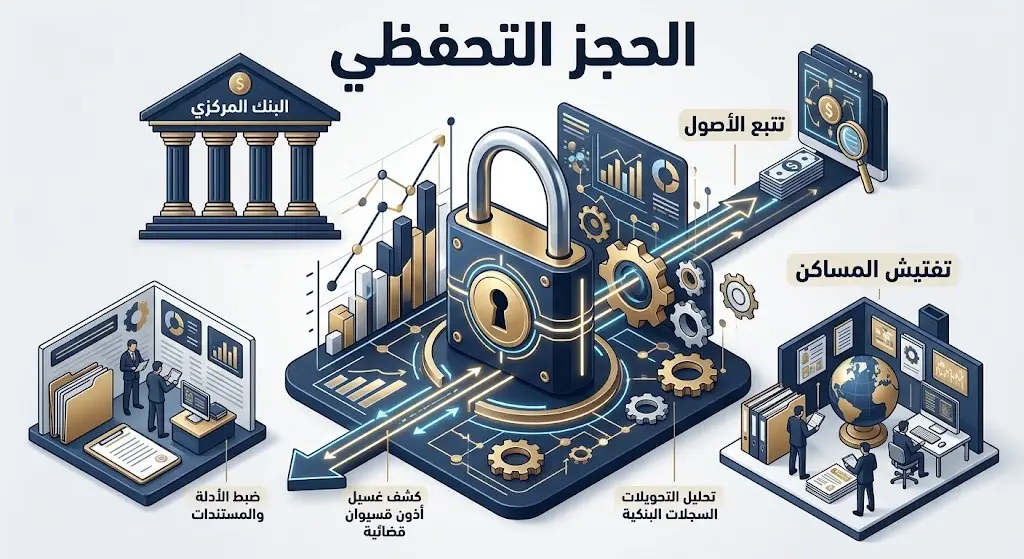 إنفوجرافيك يوضح آليات الحجز التحفظي على الأموال وتتبع الأصول المهربة عبر البنوك والجهات الرسمية.