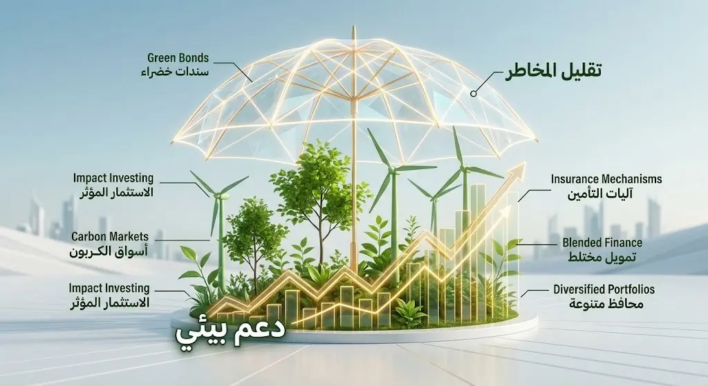 إنفوجرافيك وتصميم تعبيري يوضح دور آليات التمويل وضمانات القروض في حماية المشروعات البيئية وتقليل المخاطر.
