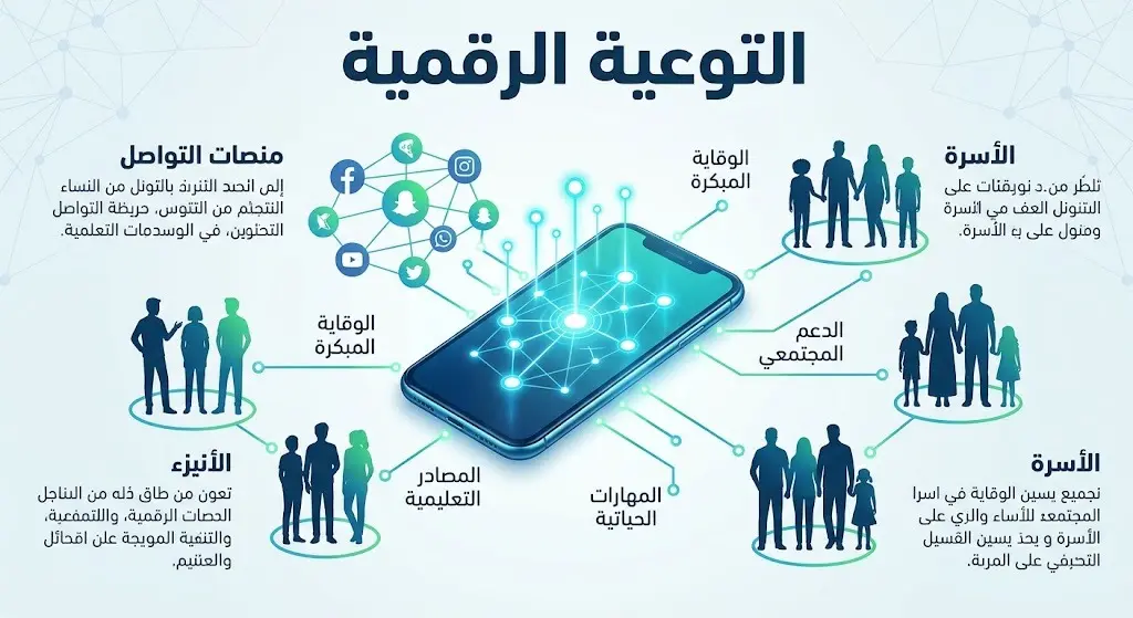 تصميم بصري يوضح شبكة الآليات الرقمية المستخدمة في التوعية المجتمعية عبر منصات التواصل الاجتماعي.