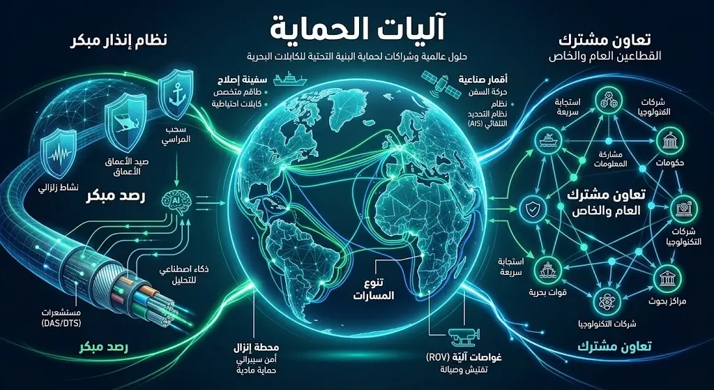 إنفوجرافيك يستعرض آليات حماية كابلات الاتصالات البحرية عبر تنويع المسارات، الرصد المبكر، والتعاون المشترك بين القطاعات.