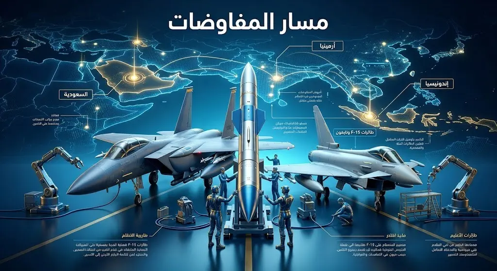 تصميم بصري يوضح آليات دمج صاروخ أسترا مع مقاتلات إف-15 وتايفون، مع إبراز الدول المهتمة بالحصول على المنظومة مثل السعودية وإندونيسيا وأرمينيا.