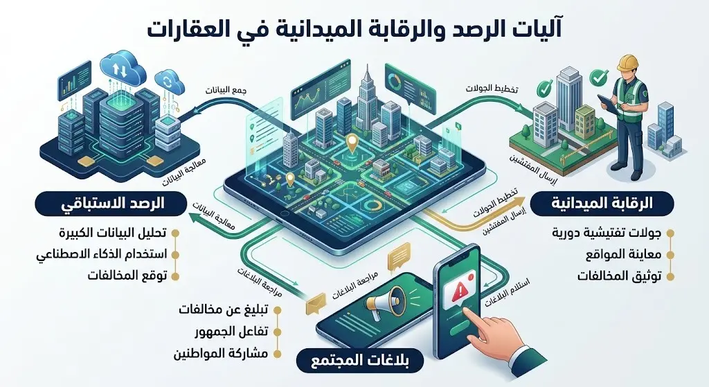 إنفوجرافيك احترافي ثلاثي الأبعاد يوضح مسارات الرقابة على العقارات، بدءاً من الرصد الاستباقي الرقمي وحتى الجولات الميدانية وبلاغات المجتمع.
