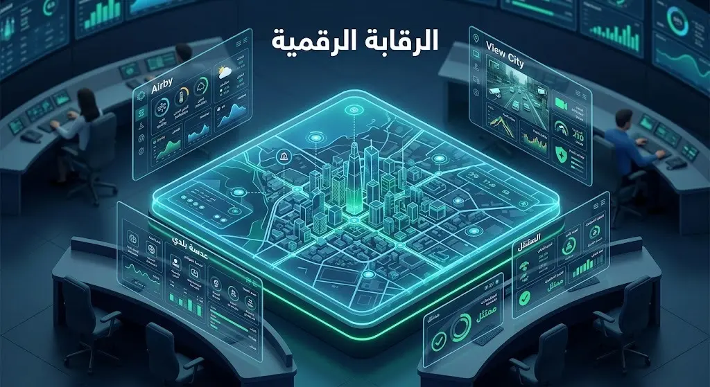 تصميم ثلاثي الأبعاد لخريطة مدينة ذكية وشاشات رقمية تفاعلية تمثل تقنيات الرقابة الميدانية مثل عدسة بلدي وممتثل.