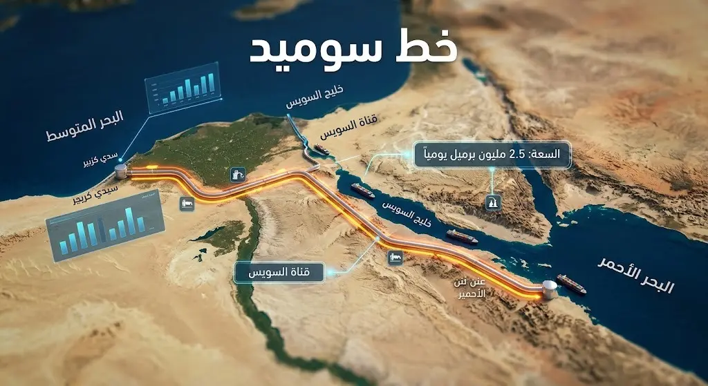رسم توضيحي ثلاثي الأبعاد يوضح مسار خط أنابيب سوميد كبديل لوجستي لنقل النفط بين البحرين الأحمر والمتوسط.