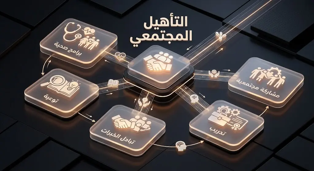 تصميم بصري يستعرض آليات التأهيل المجتمعي وبرامج التوعية الصحية في محافظة رفحاء.