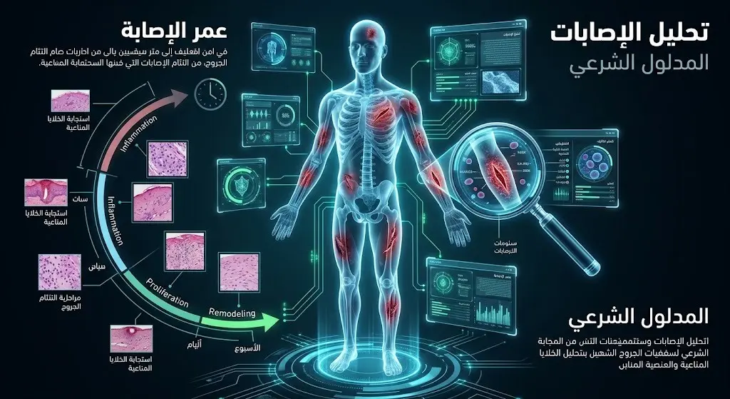 إنفوجرافيك احترافي يوضح آليات تحليل الجروح في الطب الشرعي، شاملة تحديد عمر الإصابة ومدلولها القانوني.