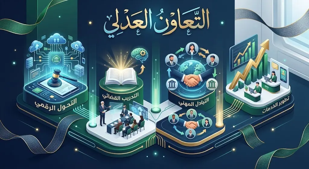 إنفوجرافيك بياني حديث يوضح آليات التعاون الثنائي بين السعودية وتركيا في المجالات العدلية كالتحول الرقمي والتدريب.