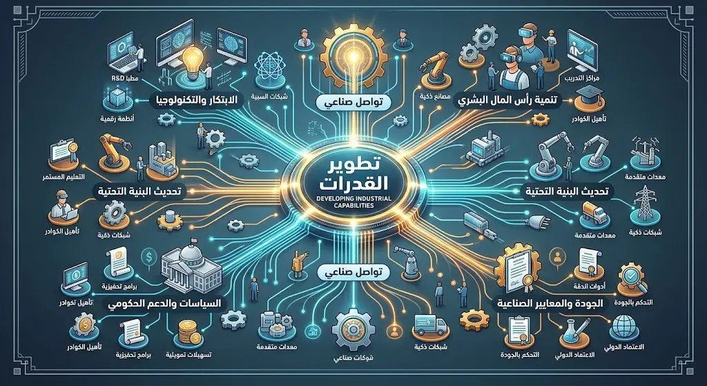 إنفوجرافيك ثلاثي الأبعاد يوضح شبكة تواصل مضيئة تربط بين المنشآت الصناعية لتبادل الخبرات وتطوير القدرات.