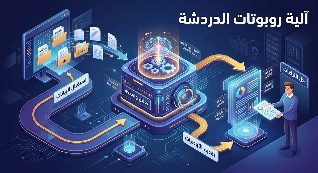 تصميم إنفوجرافيك ثلاثي الأبعاد يوضح المراحل المتسلسلة لعمل روبوتات الدردشة، بدءاً من استقبال البيانات وتحليلها وصولاً إلى تقديم التوصيات للمصلحين.
