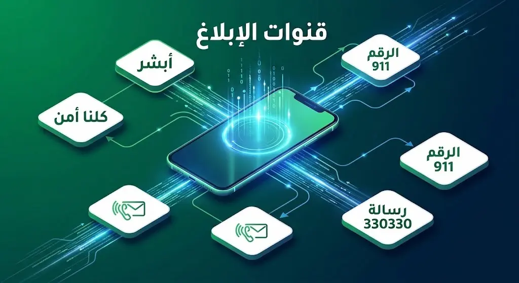 رسم توضيحي ثلاثي الأبعاد يستعرض قنوات الإبلاغ عن الجرائم المعلوماتية في السعودية مثل تطبيق كلنا أمن ومنصة أبشر ورقم 911.