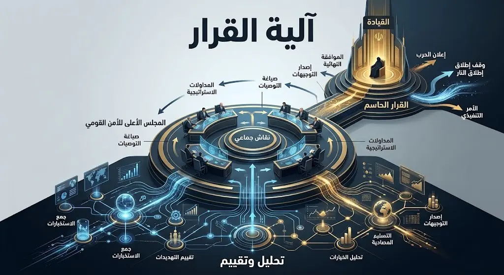 إنفوجرافيك يوضح تسلسل اتخاذ قرارات الحرب ووقف إطلاق النار في إيران من التقييم حتى القرار النهائي