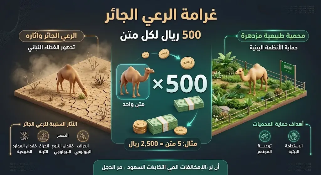 إنفوجرافيك يوضح آلية احتساب غرامة الرعي الجائر للإبل بقيمة 500 ريال لكل متن لحماية الغطاء النباتي.